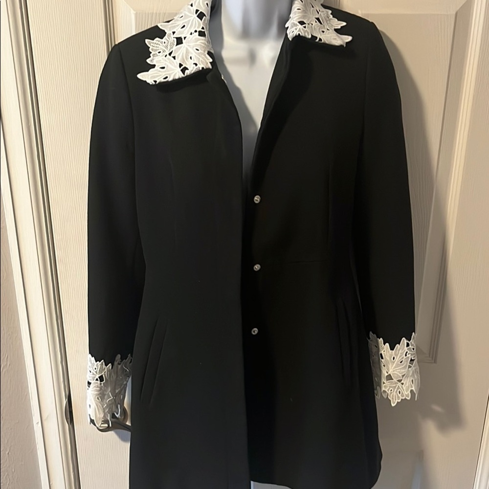 Elegant Zara basic collection Black Coat with White Lace Accents